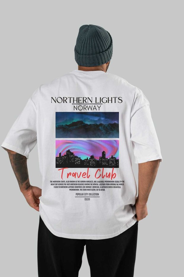 Northern Lights Norway Back Printed White Oversize T-Shirt Men Women Cotton Crew Neck T-Shirt
