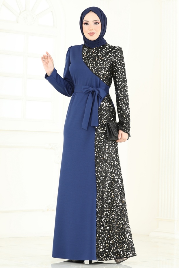 Pul Payet Detay Abiye Elbise 2808ASMK1074-MS İndigo - 2