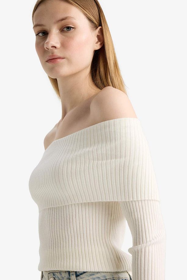 Coool Slim Fit Dar Kesim Açık Omuz Triko Kazak B6537AX25WN - 4