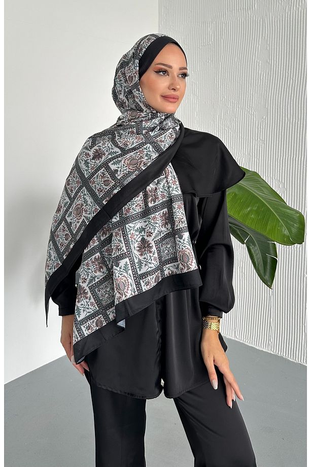 Retro Etnik Desen Siyah Renk Soft Pamuk Şal - 3
