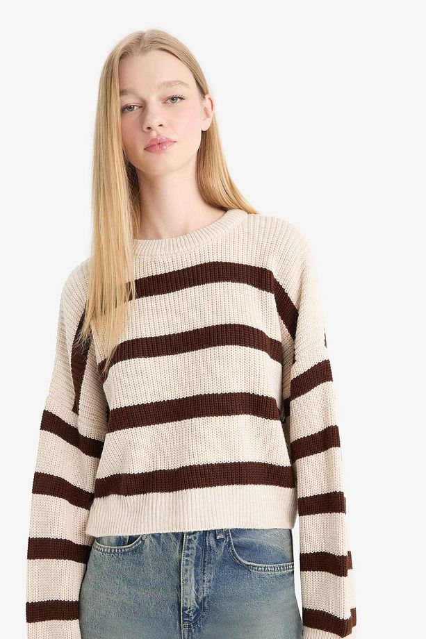 Coool Oversize Geniş Kalıp Bisiklet Yaka Çizgili Triko Kazak X4931AZ25WN - 3