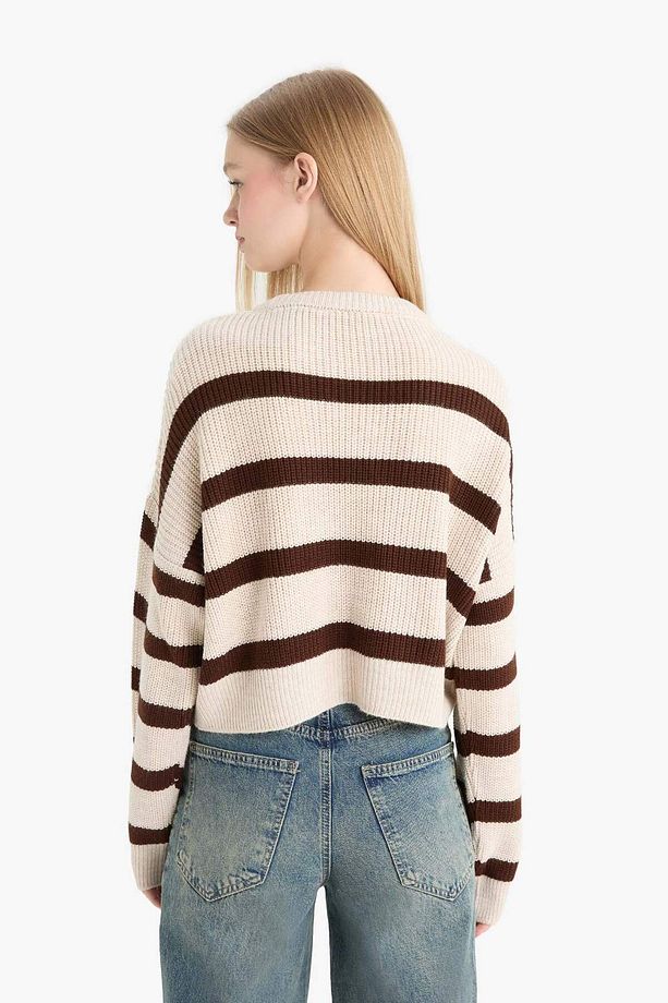 Coool Oversize Geniş Kalıp Bisiklet Yaka Çizgili Triko Kazak X4931AZ25WN - 7