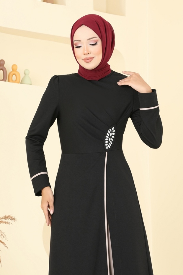 Taş Detaylı Yırtmaçlı Takım ASM2816-MS Siyah&Vizyon - 4