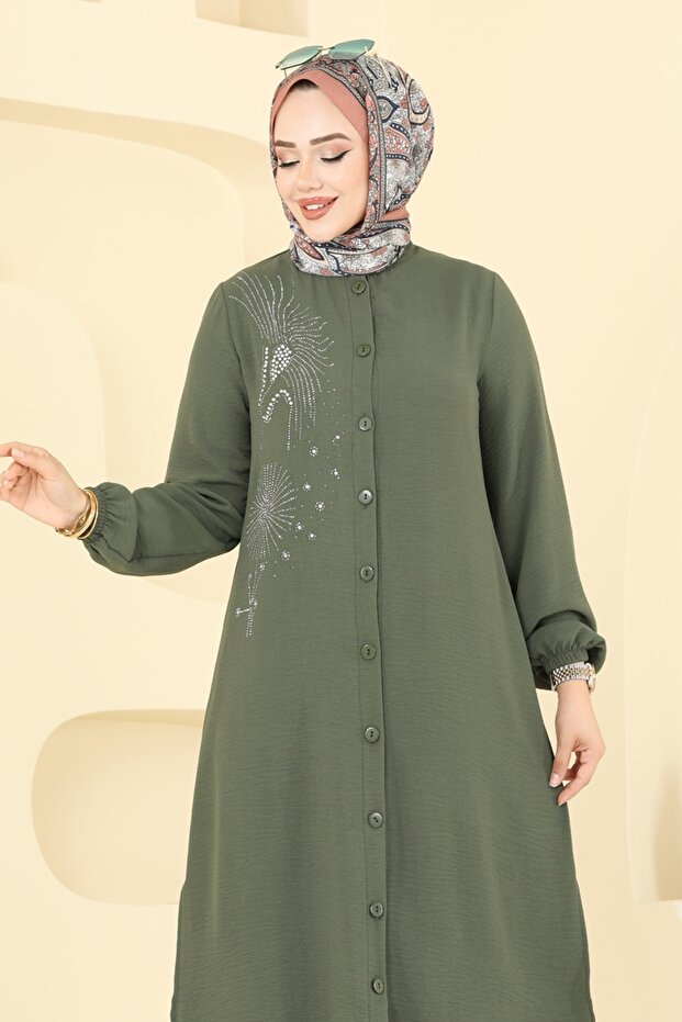 Taş İşlemeli Tesettür Takım 440DVL817-MS Haki - 3