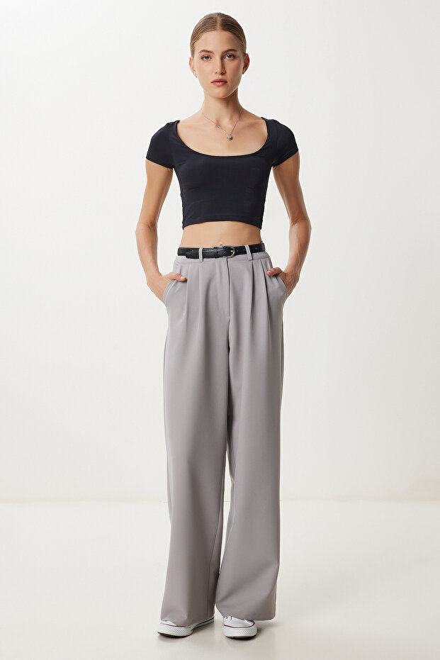 Cepli Dokuma Palazzo Pantolon LGK0007 GRİ - 1