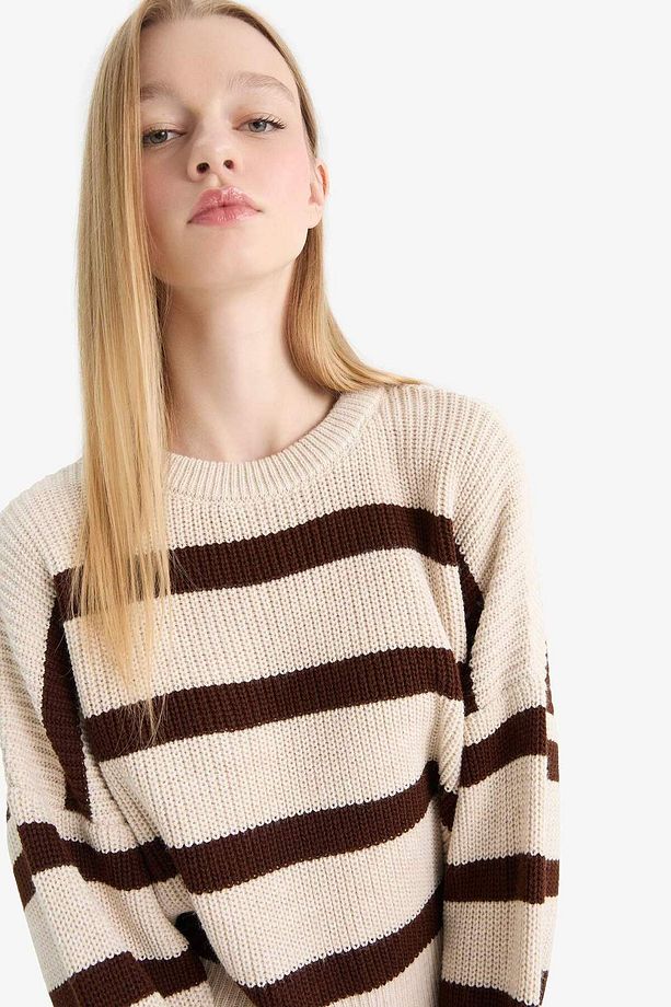 Coool Oversize Geniş Kalıp Bisiklet Yaka Çizgili Triko Kazak X4931AZ25WN - 5
