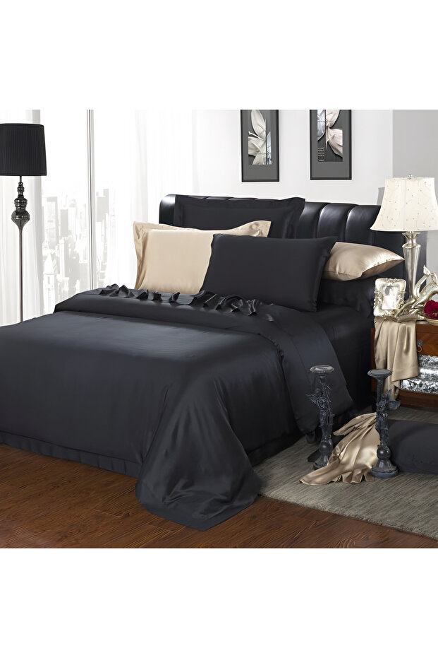 Black 100% Cotton Satin Duvet Cover Set – Double – Glossy Texture