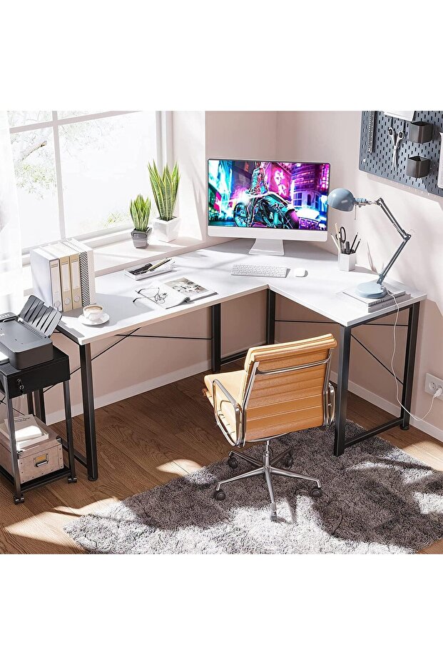 Gaming Desk in L Shape from with Rounded Corner and Detachable Shelf for Home and Office, White - 8