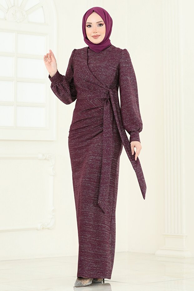 Yandan Bağcıklı Abiye Elbise 2807ASMK1074-MS Mürdüm - 2