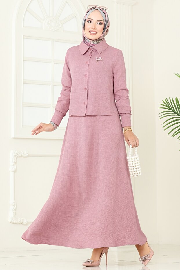 Gömlek Detaylı Elbise Takım PL9157-MS Gül Kurusu - 3