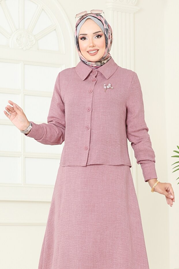 Gömlek Detaylı Elbise Takım PL9157-MS Gül Kurusu - 5