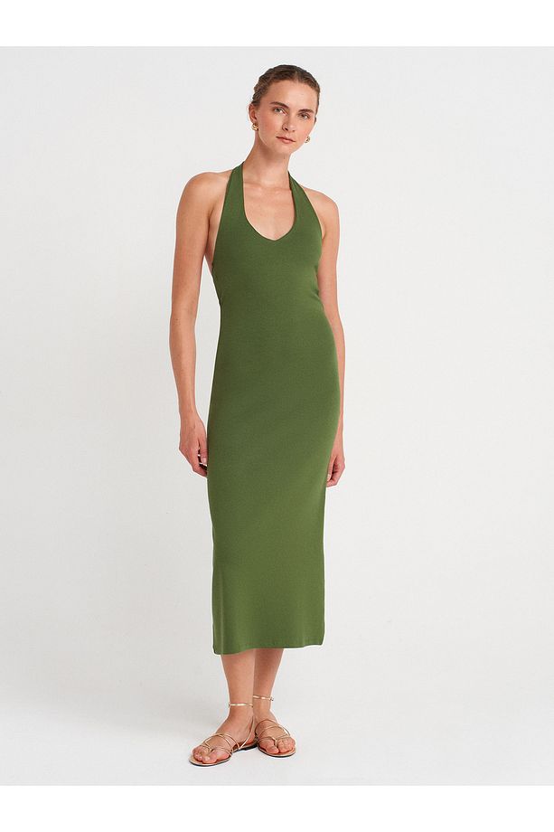 91476 Halter Yaka Midi Elbise-Koyu Haki - 1