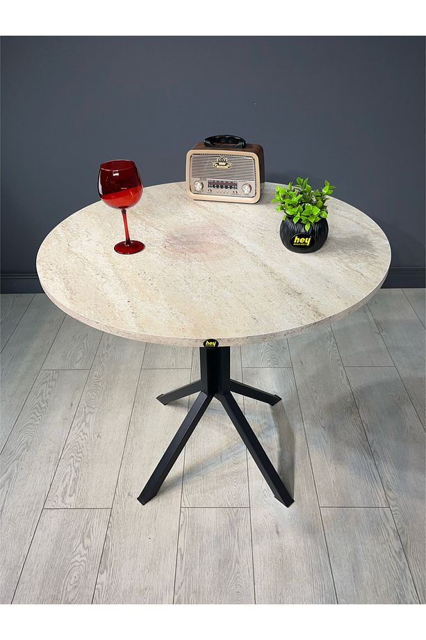 Nisa Traverten Yuvarlak Mutfak Masası Yemek Masası Metal Siyah Ayak 70 Cm - 3