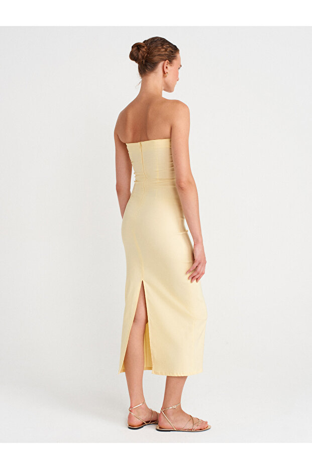 91368 Straplez Midi Elbise-Açık Sarı - 2