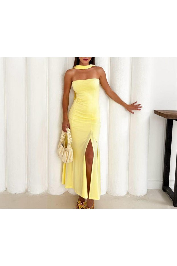 Cape Detailed Strapless Slit Long Dress