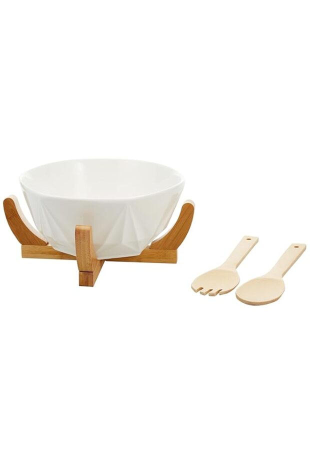 Bone China Shallow Salad Bowl with Bamboo Stand 24.5x24.5x12 and 2 Servers