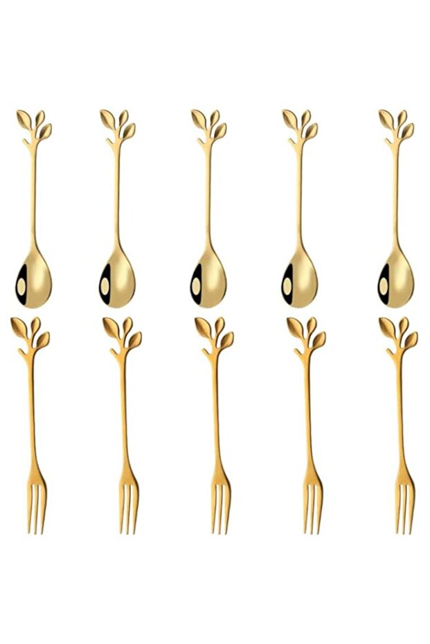 ELECDON Stainless Steel Gold Leaf Coffee Spoon Appetizer Fork Creative Tableware Dessert Spoons, Stirring, Mixing, Sugar, Stir, Ice Cream, Fruit, Cake, Teaspoon Set 10 Piece