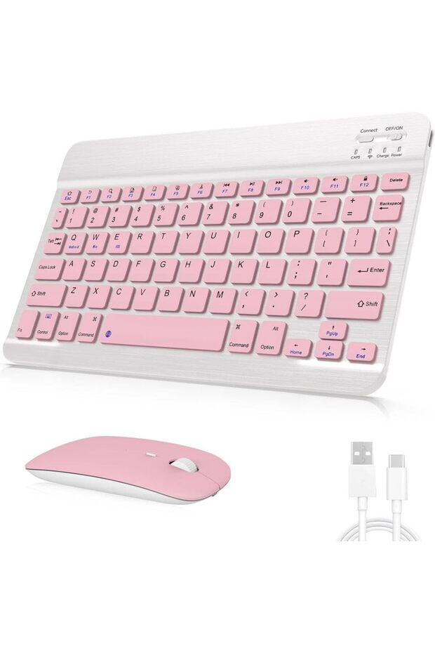 Kablosuz Klavye Mouse Seti, Bluetooth ve 2.4GHz, Sessiz Tuşlar, Windows Mac Android iOS Uyumlu Pembe - 1