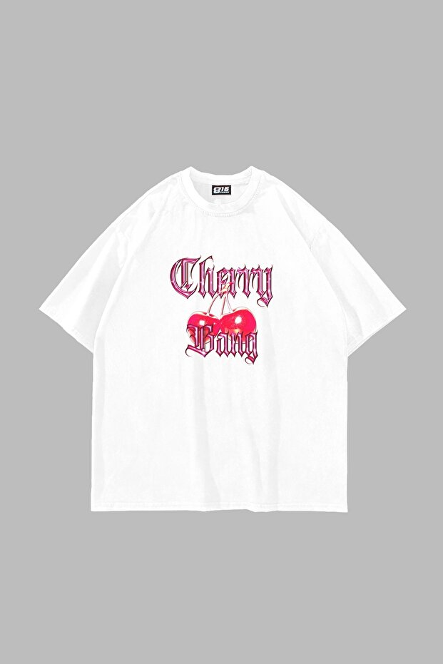 تيشيرت أبيض كبير الحجم مطبوع عليه Cherry Gang للجنسين