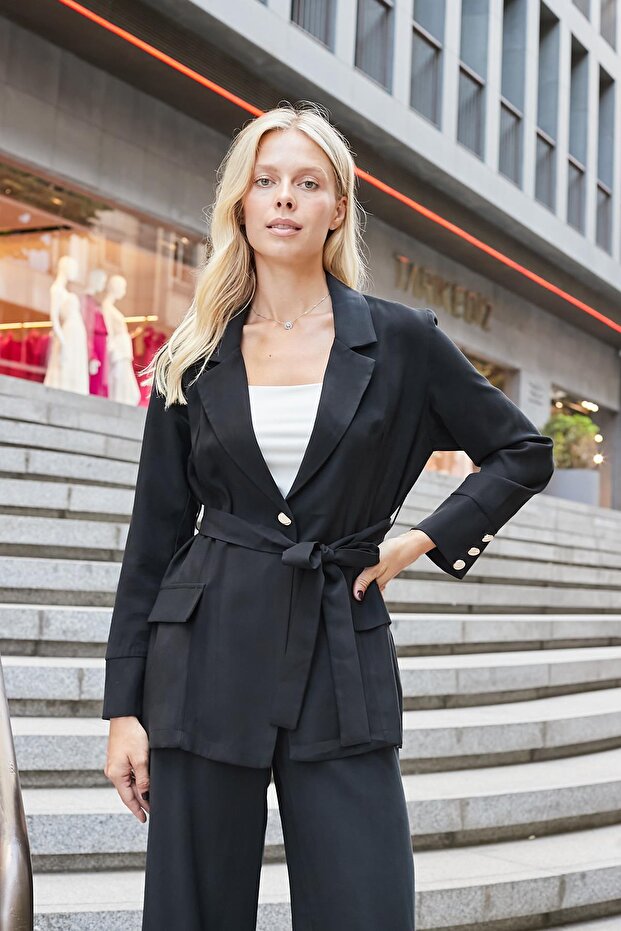Women's Silky Modal Fabric Collar Pocket Flap Sleeves Buttoned Lace-Up Long Blazer Spring Jacket-Siya