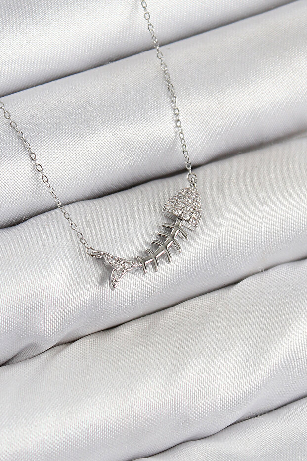 Brass Zircon Stone Fish Bone Model Silver Color Women's Necklace