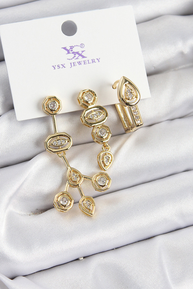 Brass Zircon Stone Geometric Model Gold Color 3-Piece Women's Earrings