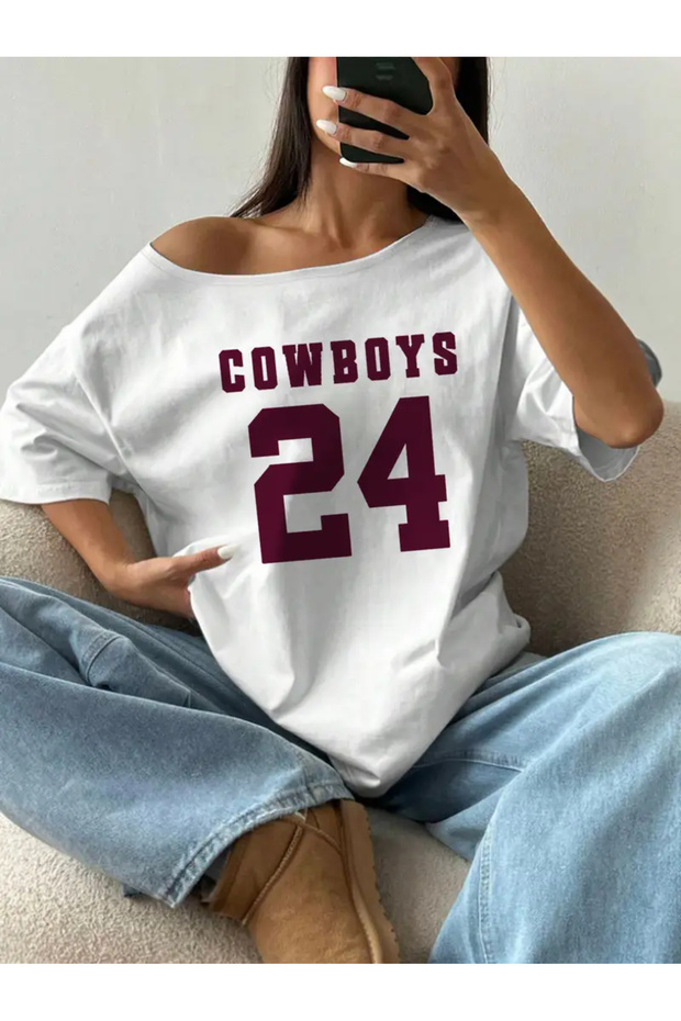 Women's White Low-Shoulder Boat Neck Printed