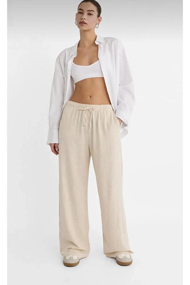 ''All Seoson's'' Wi̇de Leg (Palazzo) Linen%Cotton Mixed Ephil Ephil Waist Elastic'Women' Pants