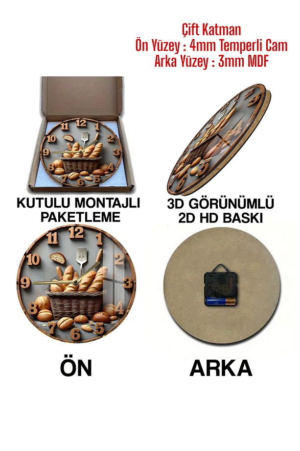 Ekmek Temalı Temperli Cam Duvar Saati – 33x33 cm CSDW347 - 4