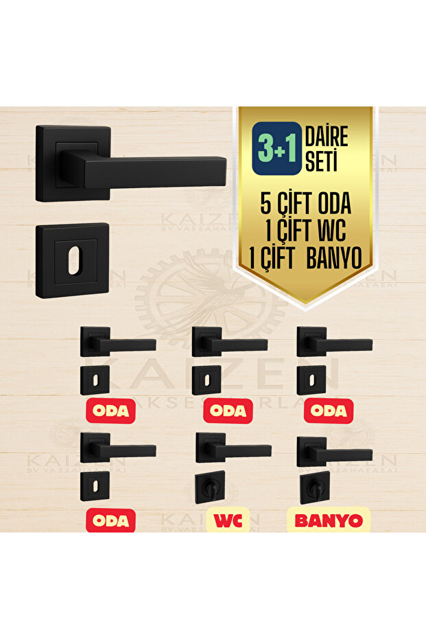 Kapı Kolu ( 7 Takım) Lama Siyah Kare Rozetli 3+1 Daire Seti - 1