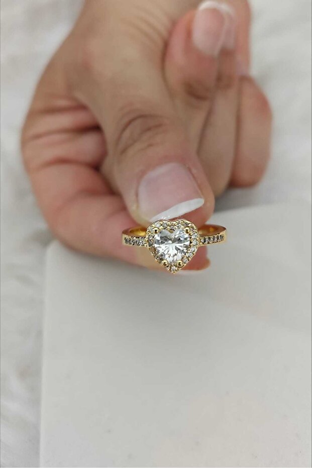 Heart Stone Detailed Adjustable Gold Women's Ring