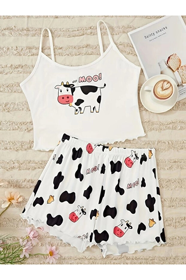İnek Moo Desenli Askılı Şortlu Pijama Takımı - 6
