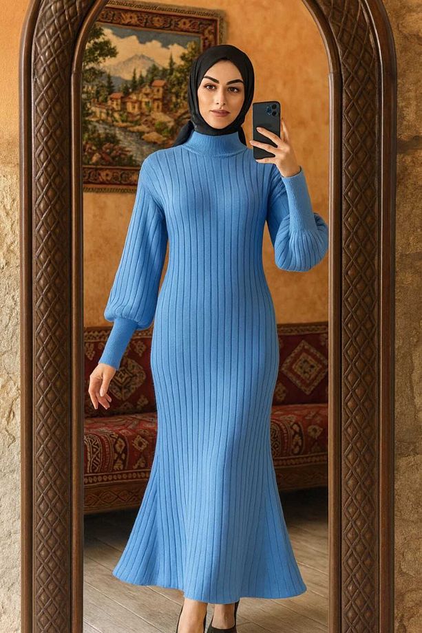 triko bogazlı elbise balık etek modelli kol ribanası bilege kadar uzun elbise boy 140cm 38/42 beden - 1