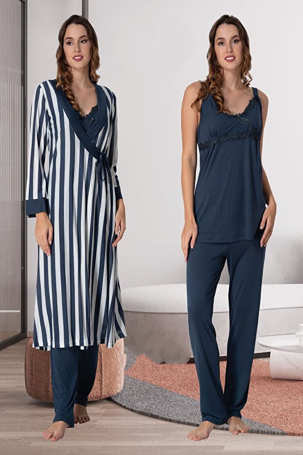 Effortt Navy Blue Maternity Pajama Set with Dressing Gown