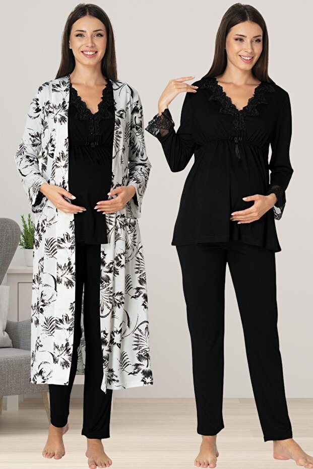 Effortt Black Maternity Pajama Set with Dressing Gown
