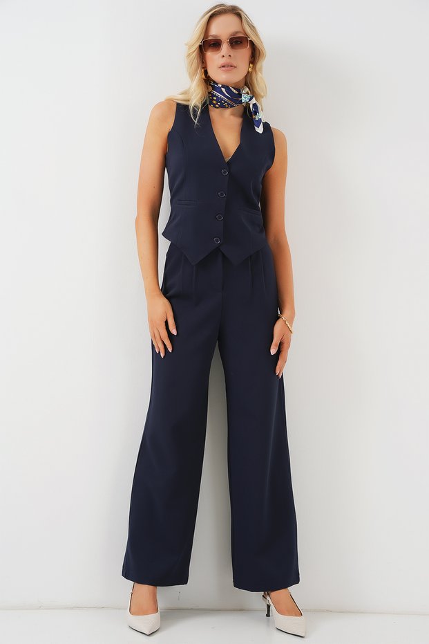 Women's Fabric Vest Trousers Double Suit Navy Blue 1109