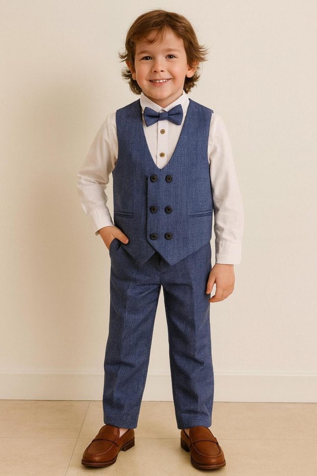 Crumpled Woven Vest Men's Suit / Vest Suit with Bow Tie / Shirt-Vest-Pants Suit