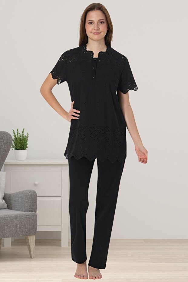 Effortt Black Scalloped Maternity Pyjama Set