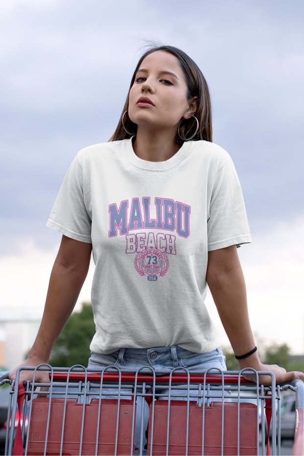 Malıbu Beach Printed / Women's Multicolor T-Shirt 100% Cotton Regular Fit Comfortable Fit