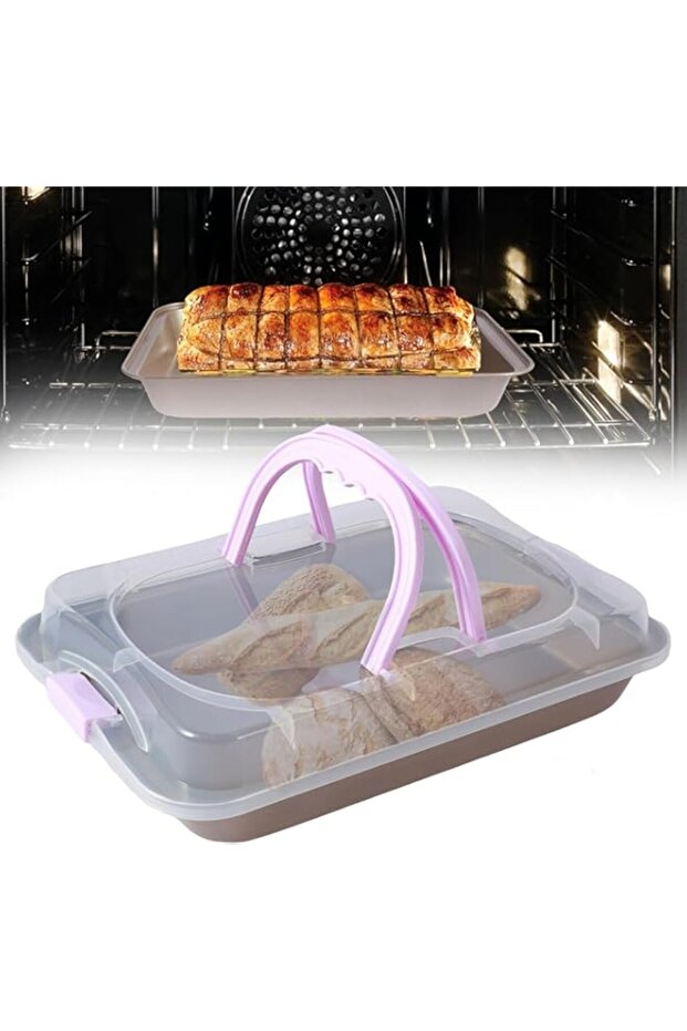 Baking Pan with Lid 10x14 Inch Rectangular Cake Pan, Non-Stick Baking Tray with Lid and Handle, Cake Tray for Baking, Baking, Storage, Oven and Freezer Safe(Gold)