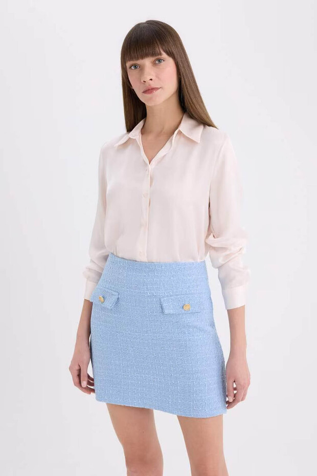 Regular Fit Basic Saten Ekru Kadın Gömlek E1783AX/ER194 - 3