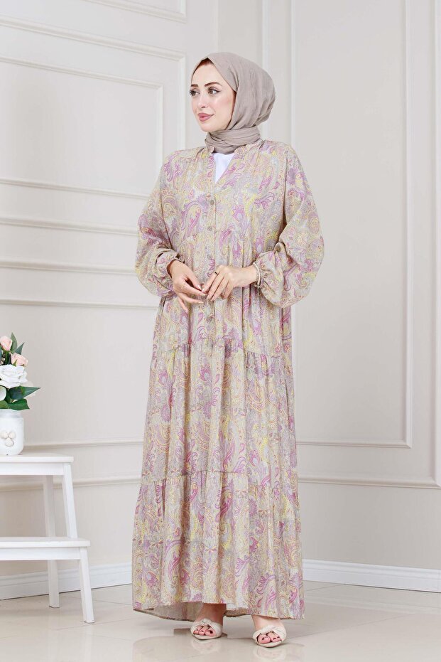 فستان شال بنمط نصف زر - أصفر - 4