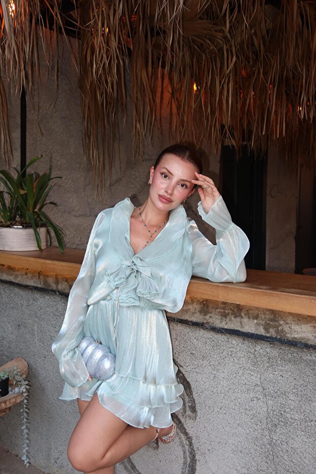 İnci Yeşili Romantik Elbise - 6