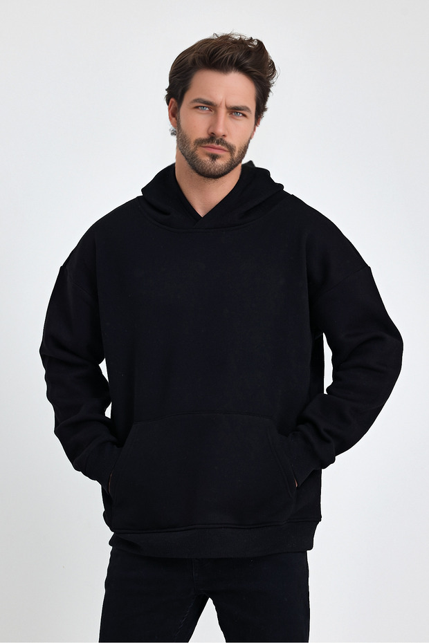 Men's Oversize 100% Cotton Soft Textured Basic Black Hooded Sweatshirt with Fleece Inside