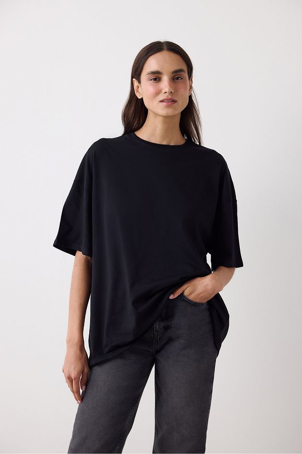 Siyah Basic Oversize Bisiklet Yaka Tişört - 3
