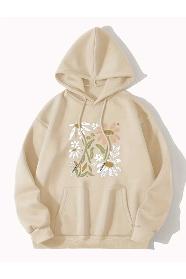 Papatya Hoodie Printed Hooded Beige Sweatshirt with Pocket and Wool Inside
