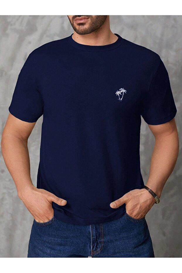 Men's Navy Blue Crew Neck Chest Palm Printed T-Shirt