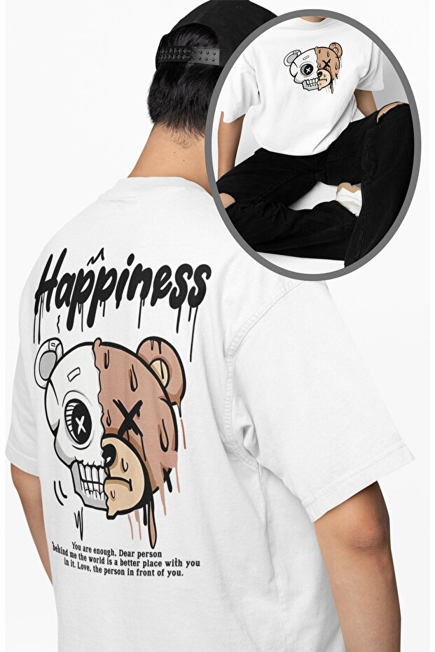 Unisex Happiness Back Printed T-Shirt, Oversize Panda Themed Crew Neck T-Shirt