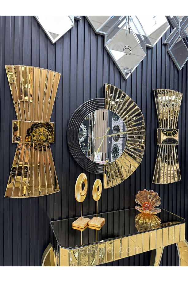 YELPAZE DUVAR SAATİ & PAPYON MODEL GOLD AYNA 3'LÜ SET - 1