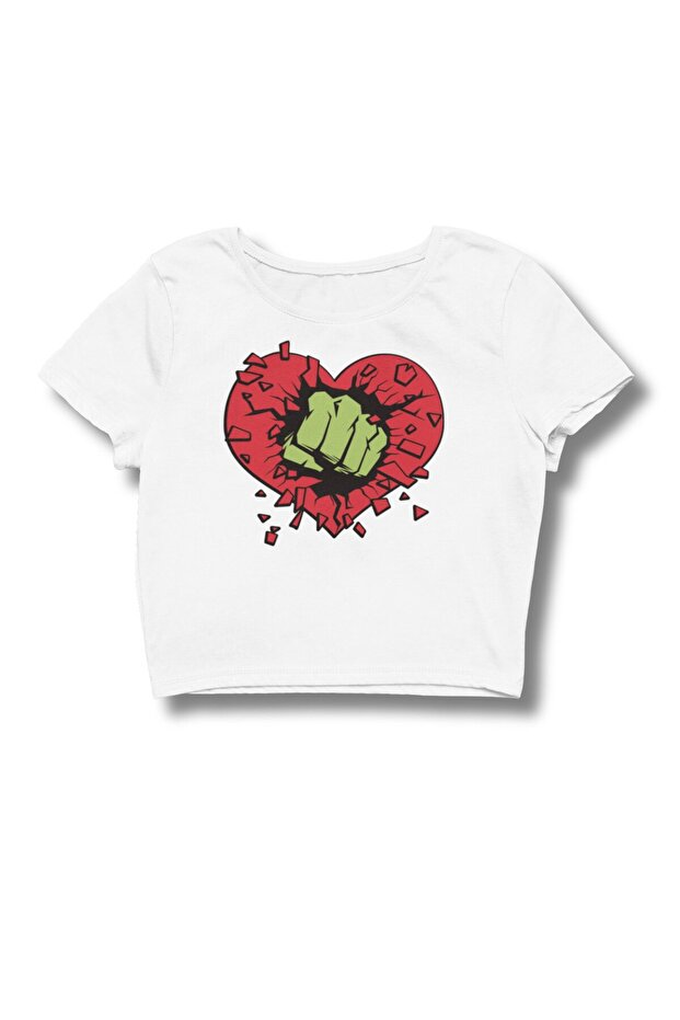 Heart Printed Crop Top, Women's Hulk Fist Themed Crop Blouse